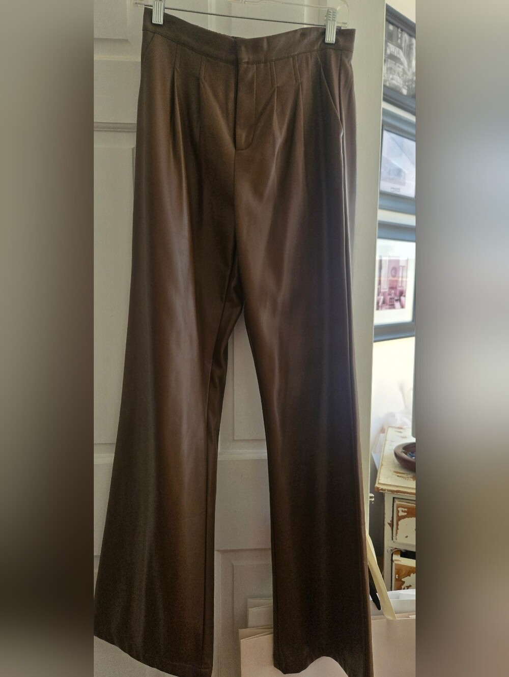 Wide-Leg, Pleated Brown Faux Leather Pants